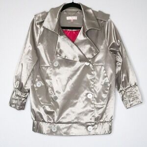 Kira Plastinina Womens Blazer‎ Jacket Size M Silver Coat Satin 90s Metallic